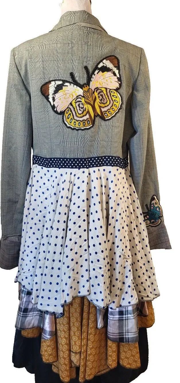Upcycled Extra Long Tails Style Jacket Size 14 Butterfly Flower Patches